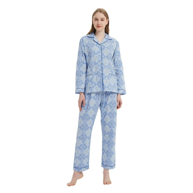 GLOBAL Conjuntos de Pijamas de Algodón para Mujer, Ropa de Dormir de Manga Larga con Botones, Ropa de Dormir Cómoda, Conjunto de Pijama Suave Azul Blanco Magnolia M