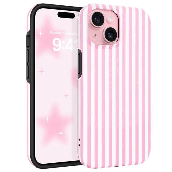 DUEDUE Cute Pink and White Stripes Magnetic Case for iPhone 15, Shockproof Slim TPU PC Protective Phone Cover Compatible with MagSafe for Women Girls