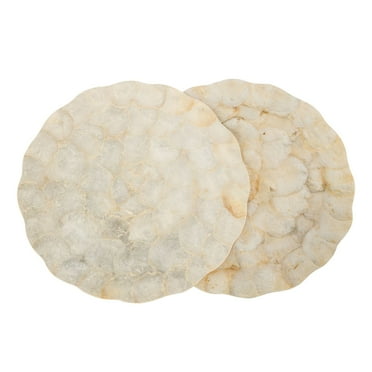 KOUBOO Round Capiz Seashell Leaf Charger Plates, Ivory-Gold-Plearlescent Rustic Water Hyacinth Decorative Charger Plater, Wedding, Party (Set of 2) 15 In