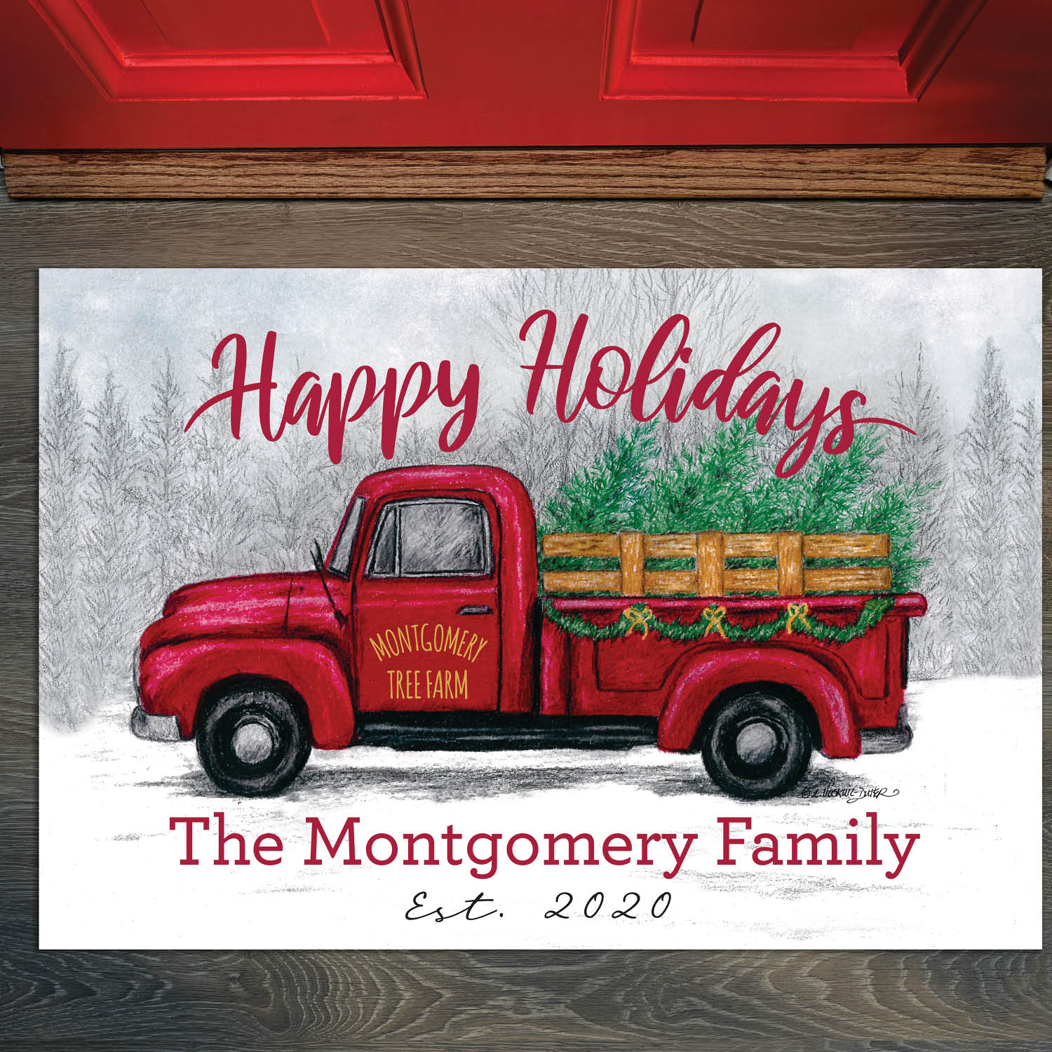 Personalized Planet 27x18 Happy Holidays Red Christmas Tree Vintage Farm Tuck Doormat with Custom Personalization Printed on Rectangular 1/8” Thick Non Slip Mat for Kitchen Hallway Deck or Porch
