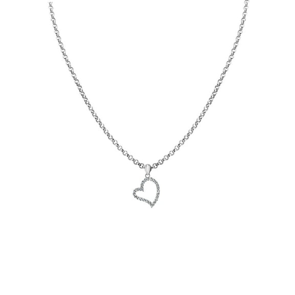 Precious Stars 14K White Gold Cubic Zirconia Ladies Open Heart Pendant with 18" Chain Necklace