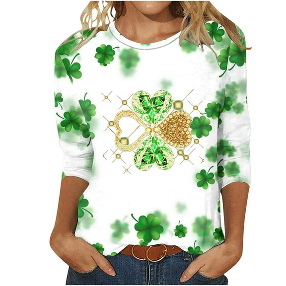 WREESH Womens St. Patrick's Day Shirt Fashion 3/4 Sleeves Blouses Shamrocks Printed Graphic Tees Crewneck T-Shirt Casual Loose Pullover Tops Green