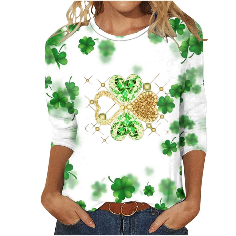 St. Patrick's Day T-Shirt For Women - Lucky Shamrock Print Long Sleeve Tee, Green Casual Top