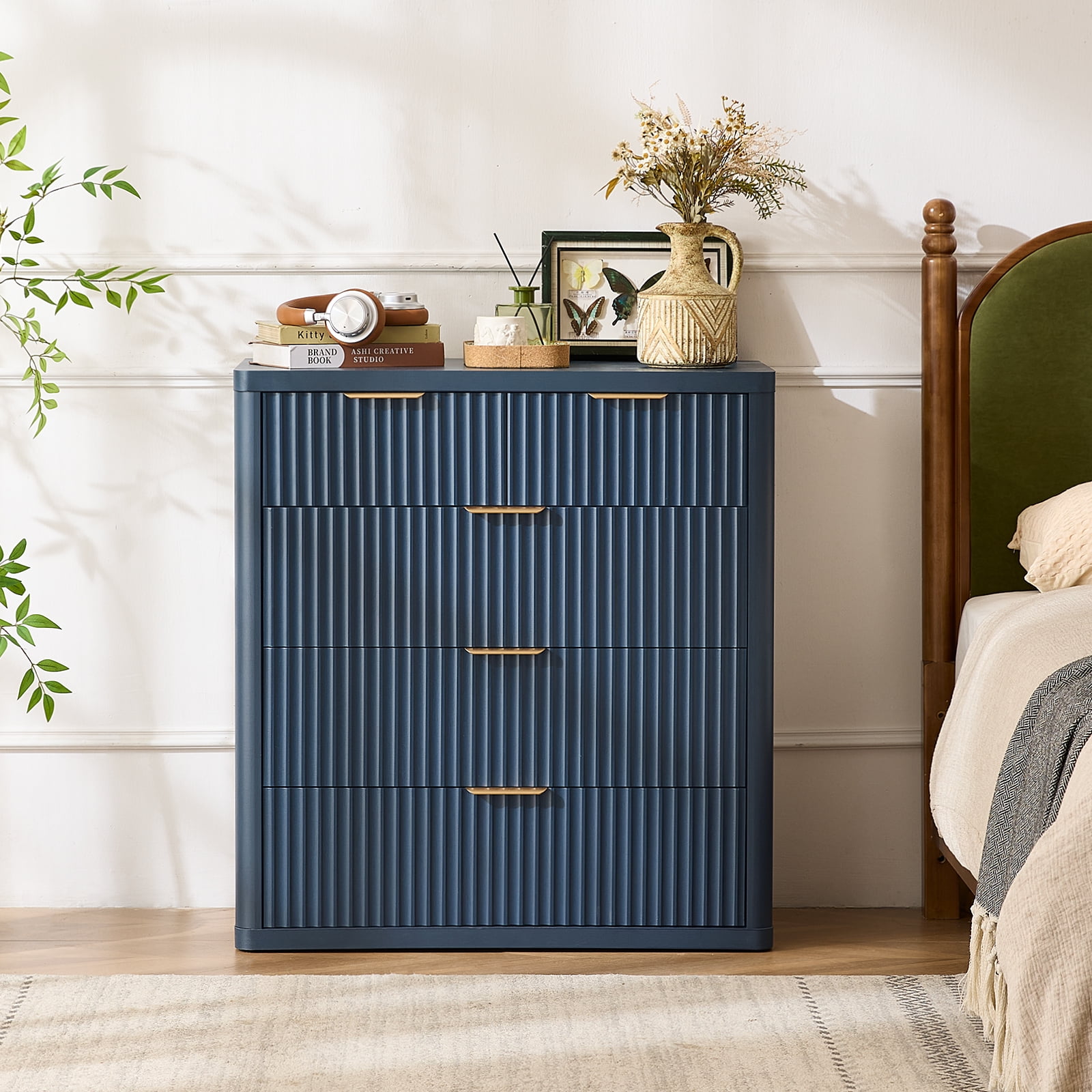 Leyaoyao Fluted Modern Dresser, 5 Drawers Adult Chest of Drawers, Blue, Engineered Wood, 34 inch Tall