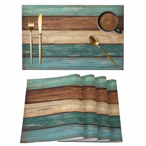 Placemats Set of 8, Teal Turquoise Wooden Woven Placemat, Linen Place Mats for Kitchen/Dining Tables, Rustic Retro Farmhouse Western Country Washable Table Mats for Party