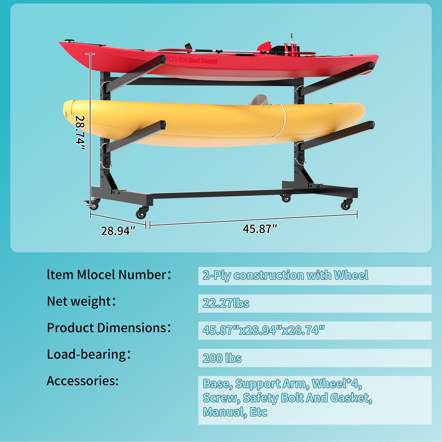 IKIMI Adjustable Kayak Storage Rack with Sturdy Steel Frame, Space-Saving Design for Kayaks, Canoes, Paddleboards