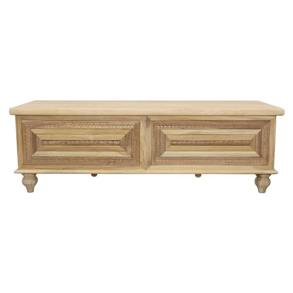 Pemberly Row 55" Hand-Carved Teak Wood Storage Bench in Distressed White