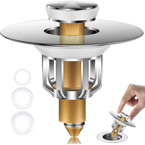 MENOLY 2 in 1 Universal Bathroom Sink Stopper-All Metal Basin Pop Up Bathroom Sink Drain Stopper Strainer for 1''~1.8'', Upgraded Brass Bullet Core Push Type Big Push Button
