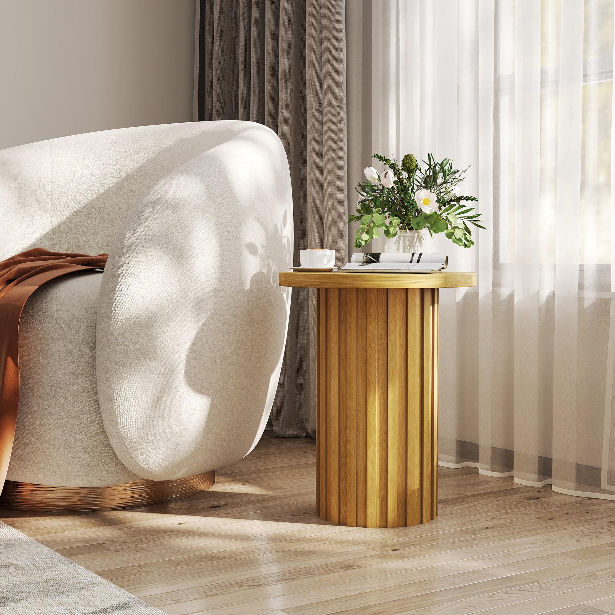 Round Side End Table 22" Tall Fluted Small End Table for Small Spaces, Modern Farmhouse Wooden Accent Table Small Drink Table for Living Room Bedroom(Natural)