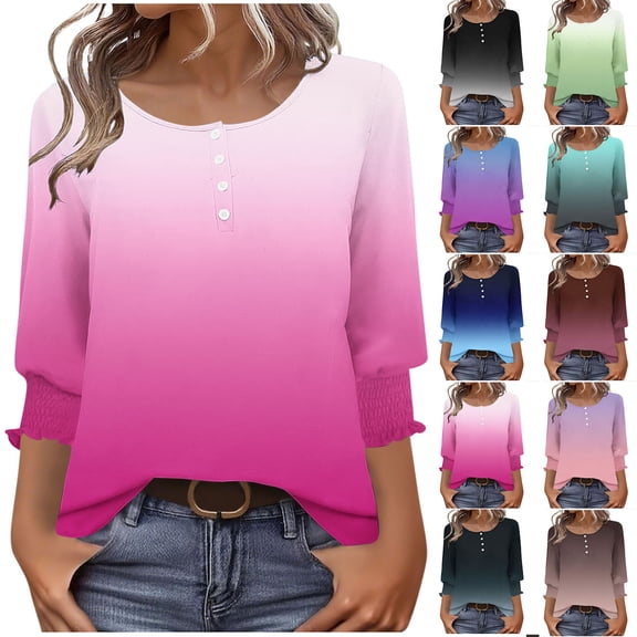 RongHuan Womens 3/4 Sleeve Shirts Casual Crewneck Tunic T-Shirt Fashion Loose Fit Tops Gradient Color Tshirt