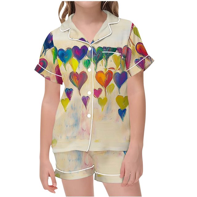 Odeerbi 2-12 Años Niños Niñas Verano Día de San Valentín Pijama de Satén Solapa Con Muescas Manga Corta Pantalones Cortos Conjunto