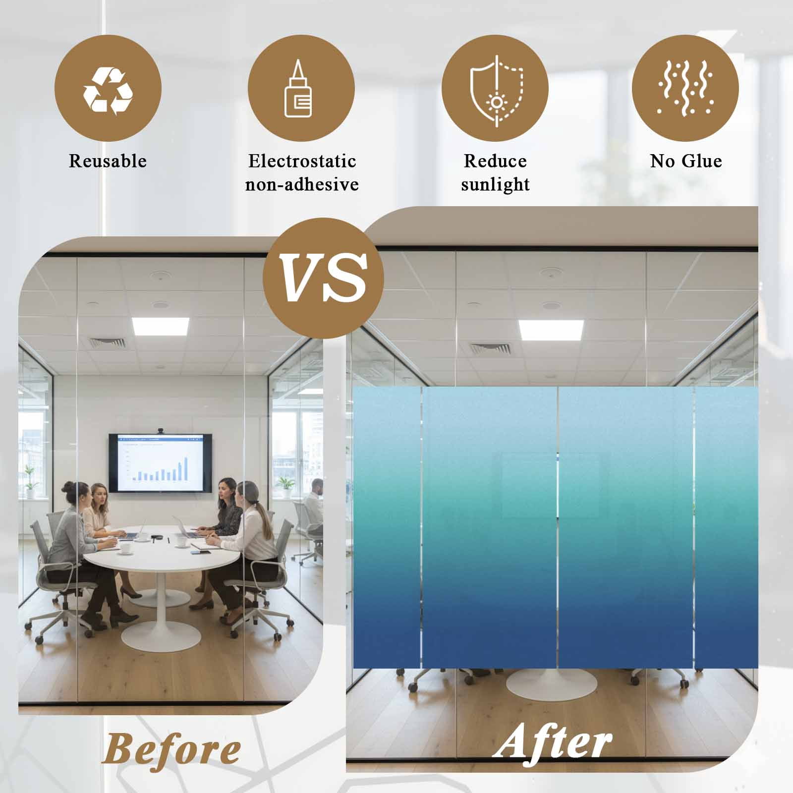 Blue Cyan Window Privacy Film, Gradient Abstract Ombre Art Frosted Glass Window Clings Static Cling UV Heat Blocking Reusable Door Sticker for Bathroom 23.6 x 59 Inch