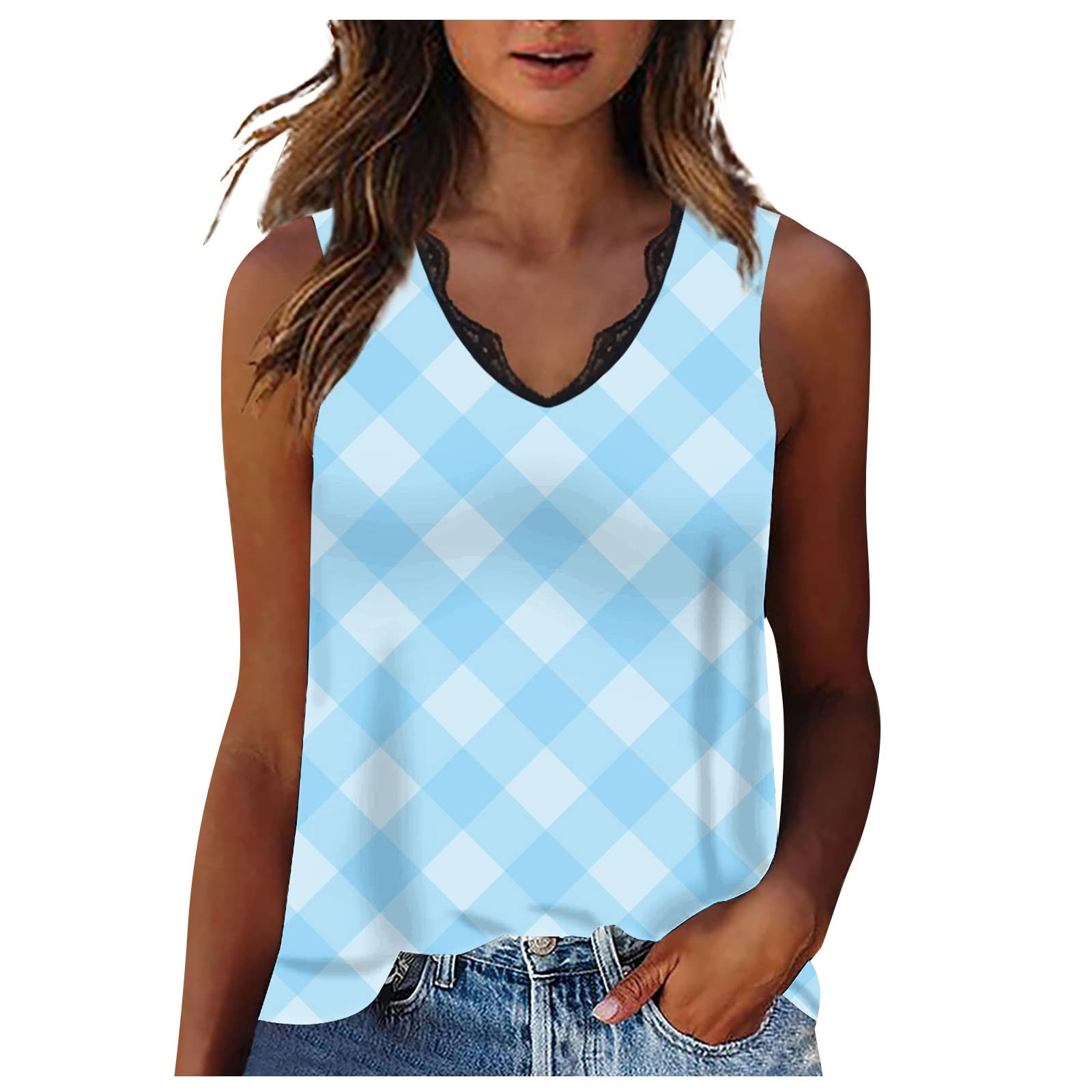 Summer Tops for Women Summer Striped Lace Patchwork V Neck Sleeveless