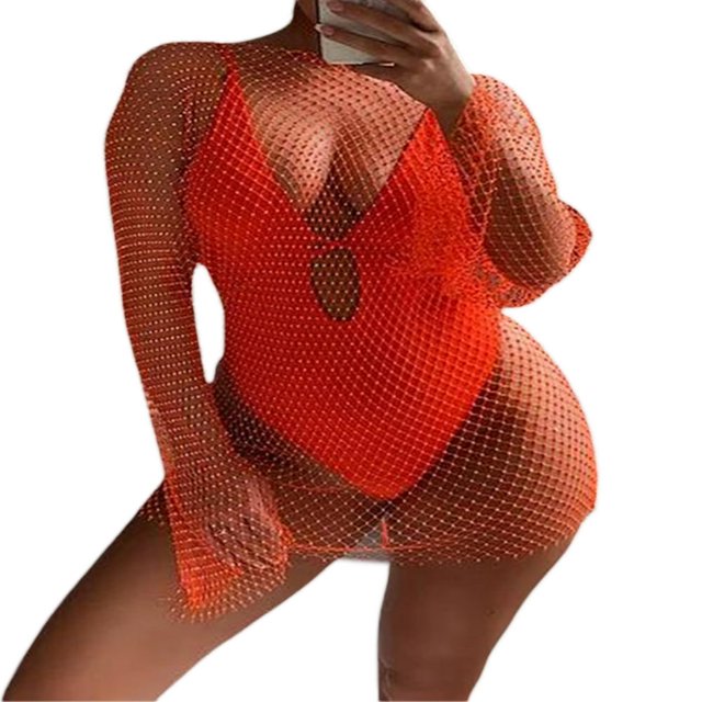 Women‘s See Through Pearl Rhinestone Cover Up Dress Summer Sheer Mesh Bikini Cover Up Beach Bathing Suit Coverups