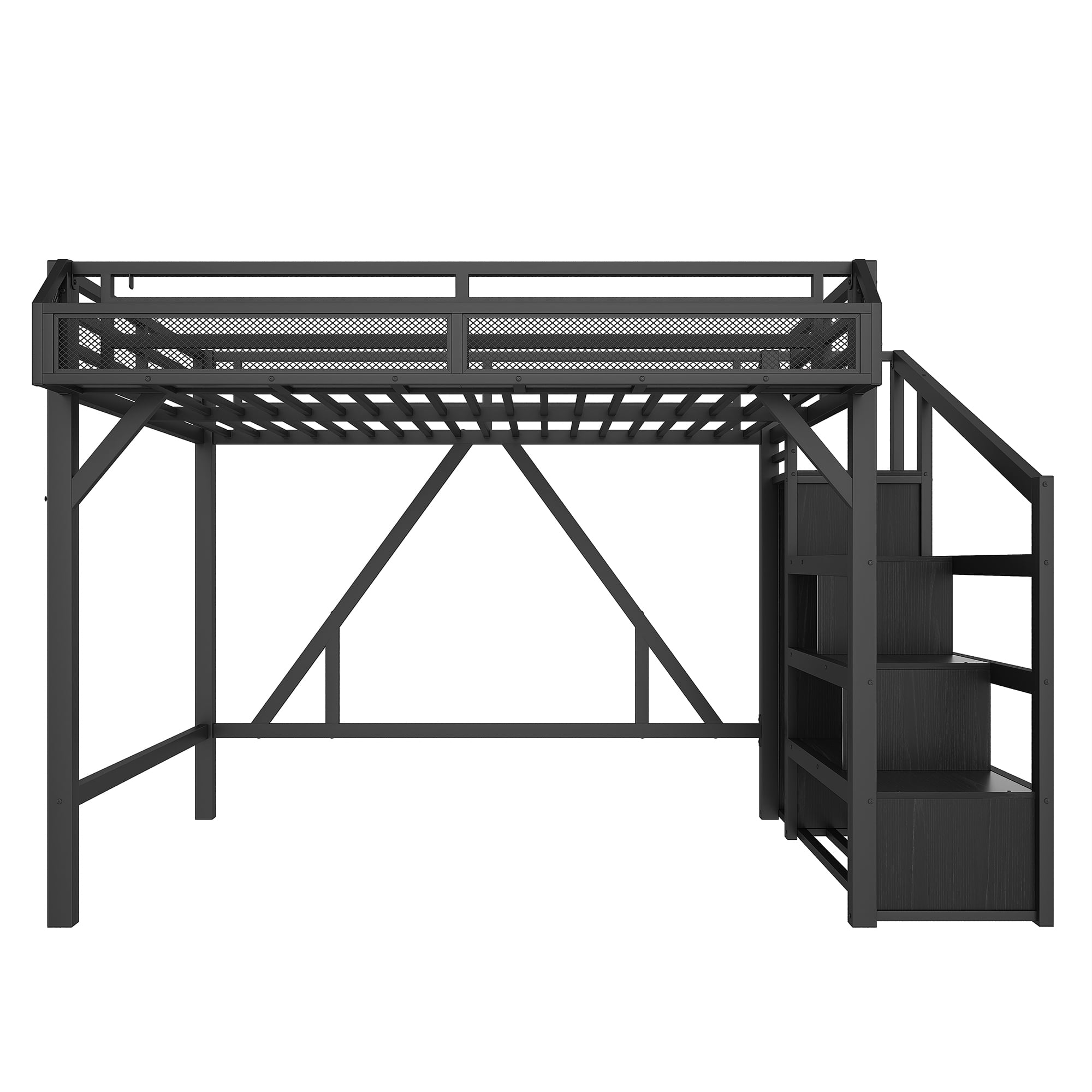 Aukfa Full Metal Loft Bed with Wardrobe, Shelves, USB Ports & LED Lights, Stairs, Space-Saving Bed Frame for Adults & Kids, Black
