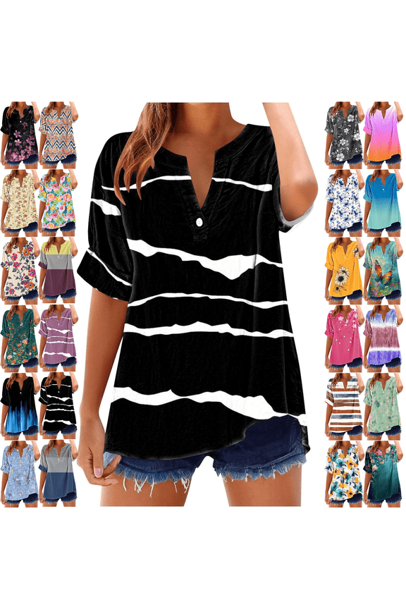 Short Sleeve Womens Tops Plus Size V Neck T Shirt Floral Printed Summer Tunic Tops Oversized Loose Fit Boho Blouses Mothers Day