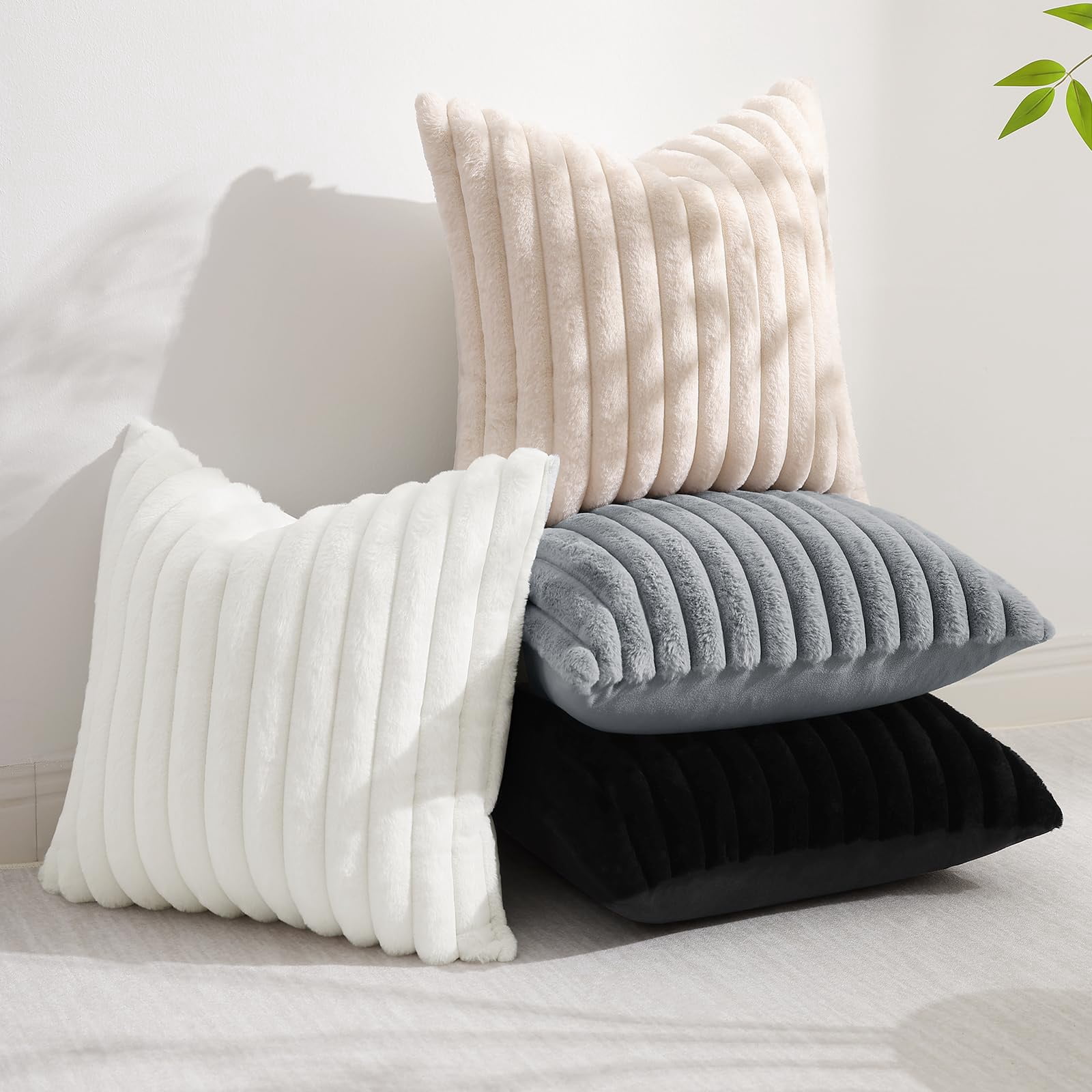 decorUhome Pack of 2 Faux Fur Plush Throw Pillow Covers 22x22, Soft Fluffy Striped Decorative Couch Pillow Covers , Black