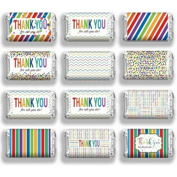120 Pcs Thanks Mini Candy Bar Wrappers Rainbow Color Design Thank You Chocolates Bar Label Stickers for Teachers Staff and Employee Appreciation Party or Guests Birthday Party Favors