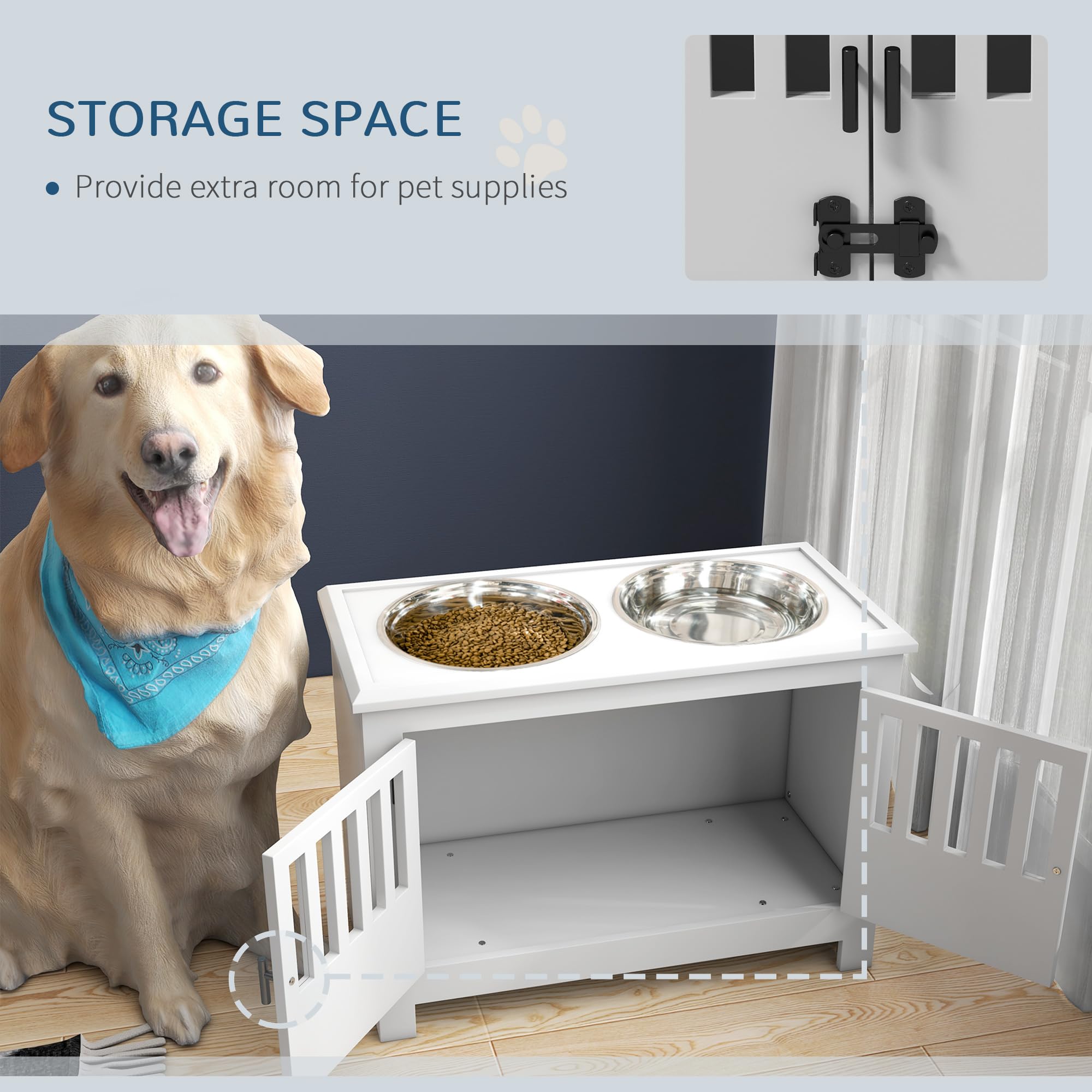 Large Elevated Dog Bowls Stand with Storage Cabinet, 37L Capacity Raised Pet Feeder Station for Large Dogs, Modern Kitchen Decor, White