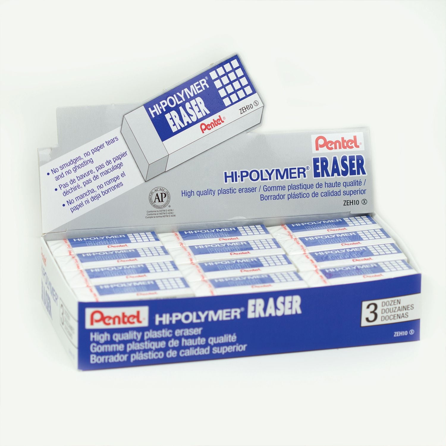 Pentel Hi-Polymer, Large White Block Eraser, Box of 36