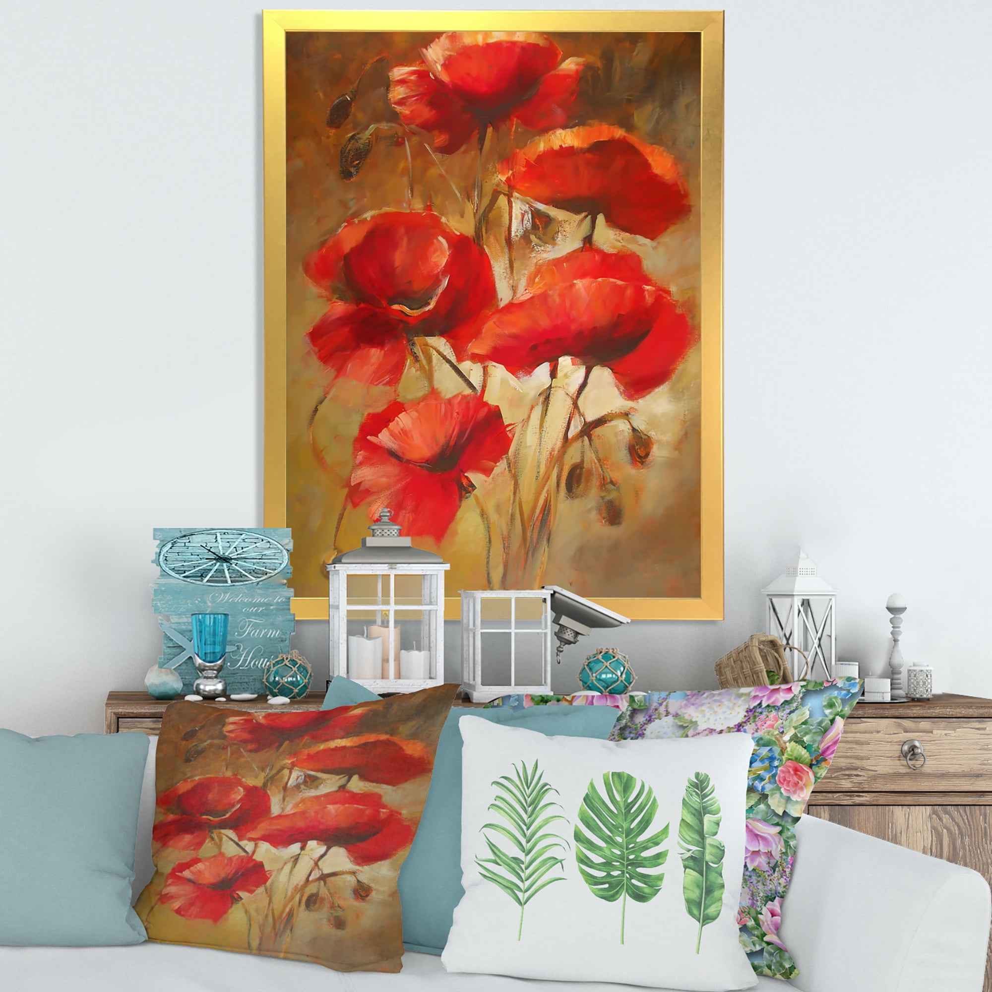 Designart 'Red Blossoming Poppies Over Wild Brown I' Traditional Framed Art Print