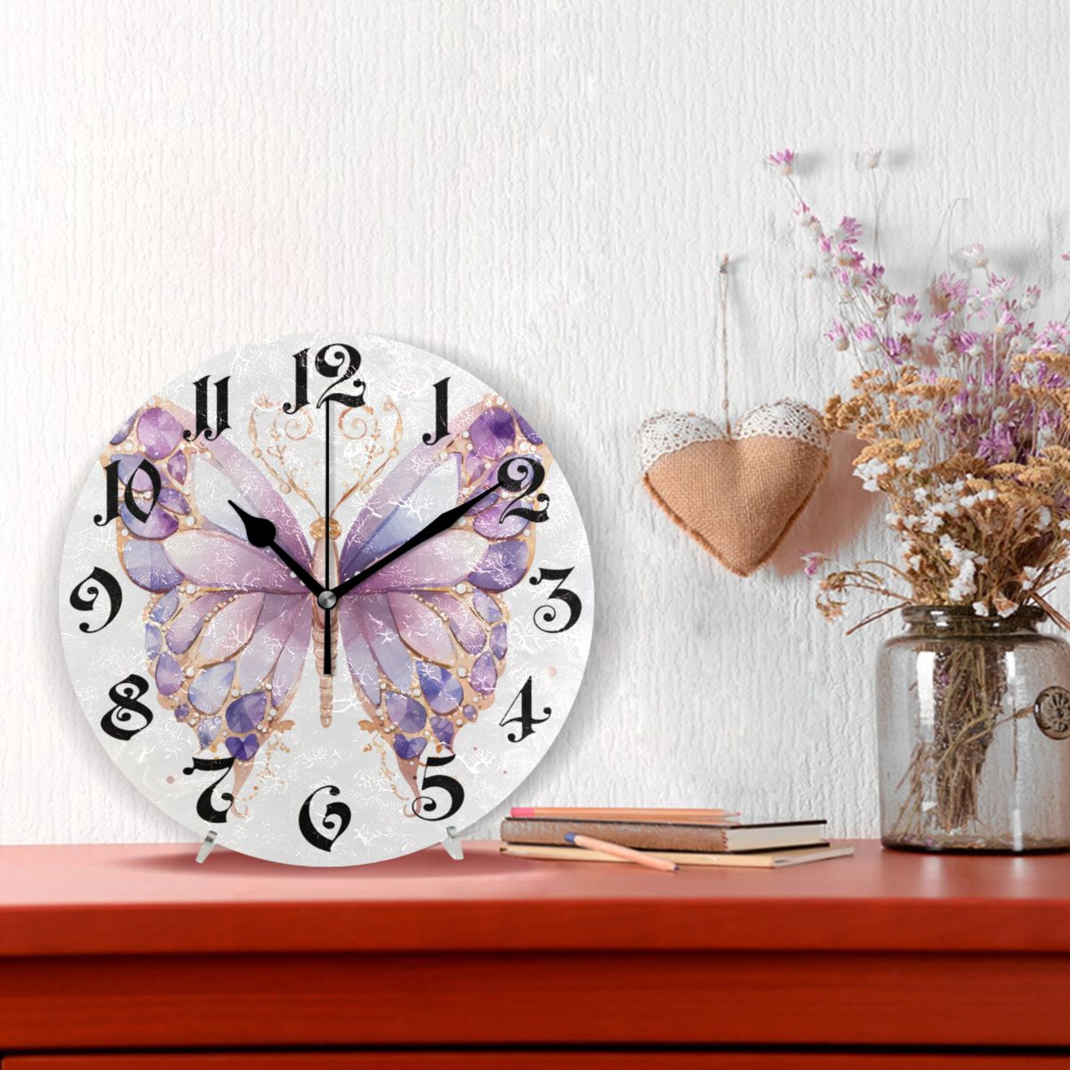 Wall Clock 10 Inch Silent Non-Ticking 8 Butterfly with Purple Battery Operated Rustic Retro for Living Room Home Kitchen Bathroom