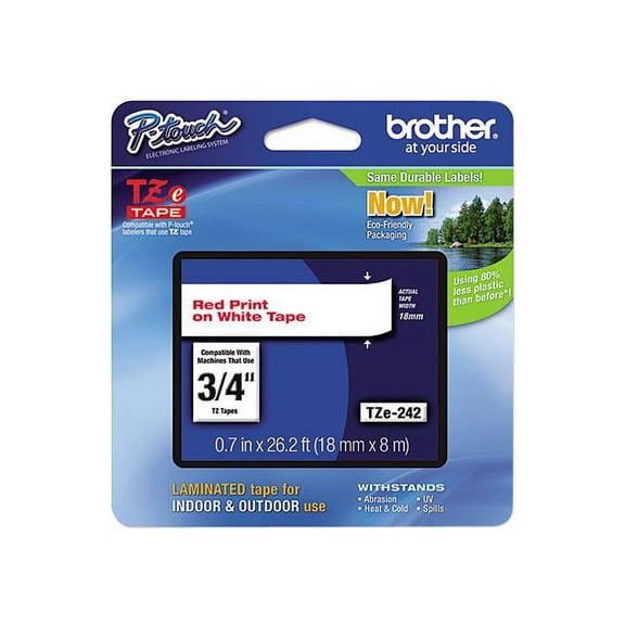 Brother P-Touch TZ Series Lettering Tape , 0.75"w, Red on White