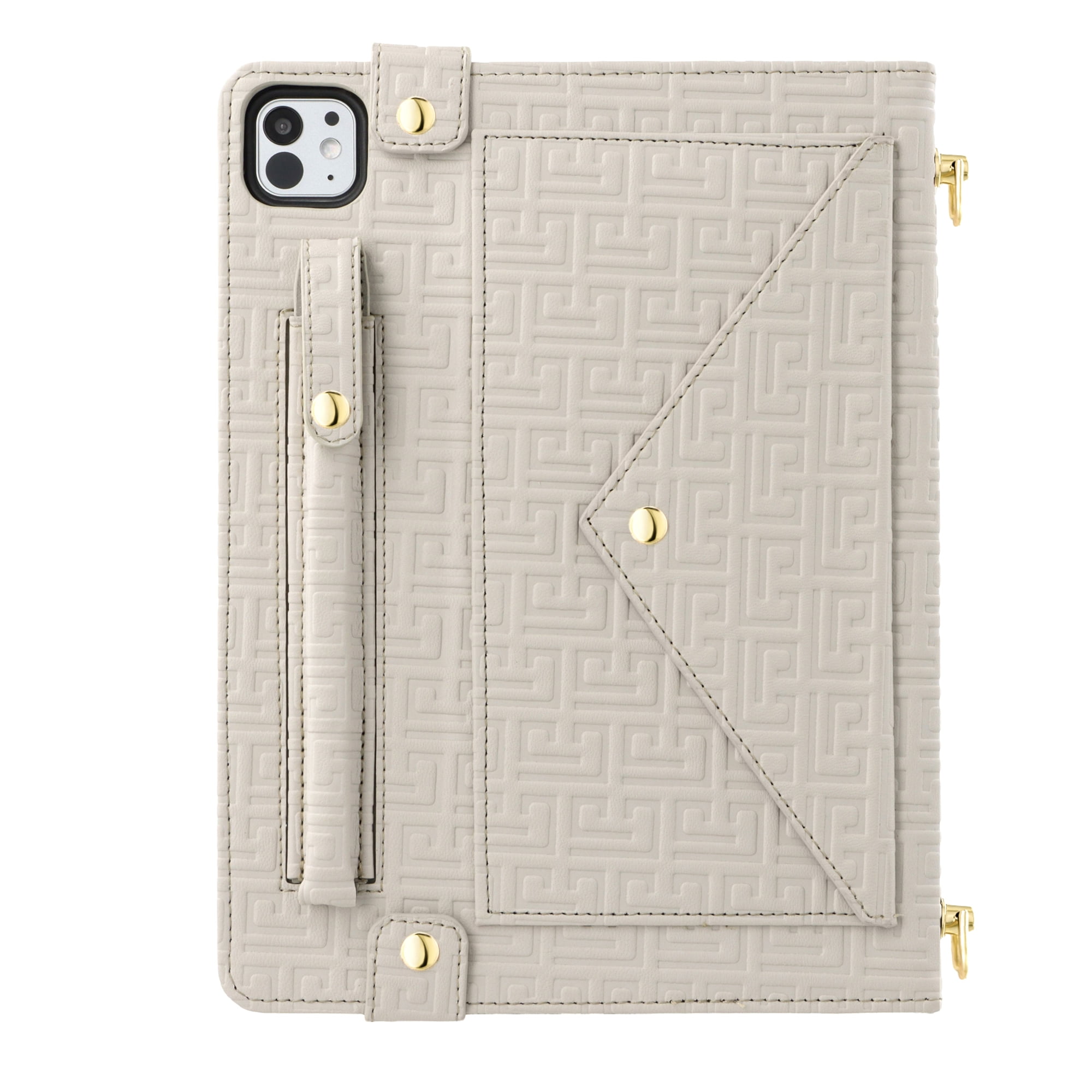 Dteck Case for iPad Pro 12.9 Case 6th/5th/4th/3rd Generation 2022/2021/2020/2018, iPad Air 13" 2024 Slim Protective Case with Pencil Holder Envelope Pocket Hand Strap Holder Crossbody iPad Case,Beige