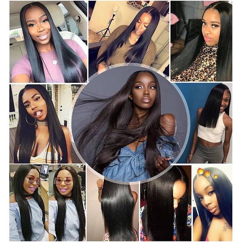 Remy Straight Human Hair 3 Bundles with 4x4 Lace Closure 100g Per Bundle Gross Weight Natural Black Color
