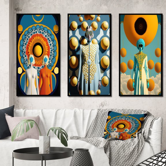 Designart "Goddess Oracle Efflorescent Beauty I" Modern Abstract Framed Wall Art Set Of 3 - Orange Traditional Frame Canvas Set For Living Room Decor