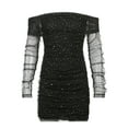 thumbnail image 3 of Women Tulle Sexy Off Shoulder Dress Sequin Long Sleeve Ruched Bodycon Mini Dress for Party Evening, 3 of 9