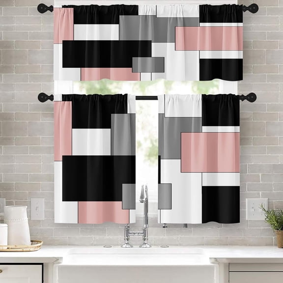 Kitchen Curtains Sets for Windows 52x39 Inch, 3 Pack, Pink Grey Art | Modern Abstract Rod Pocket Cafe Curtain Drapes for Living Room Bedroom Bathroom Kitchen Over Sink Decor