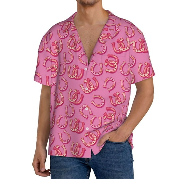 Saiise Cute Cowgirl Print Men's Casual Plaid Button-Down Shirt, Short Sleeve Dress Shirt with Pocket, Ideal for Work or Everyday Wear-Large