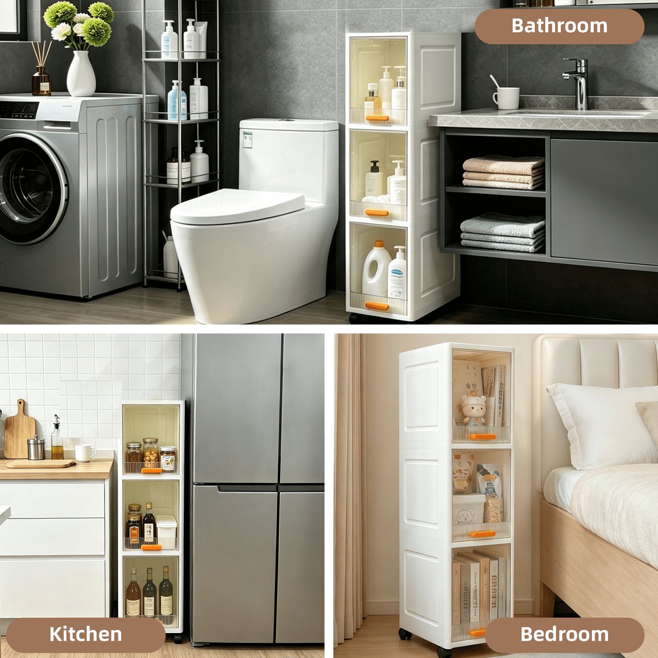 3 Tier Slim Rolling Storage Cabinet, Narrow Plastic Storage Organizer with Flip-Up Doors & Lockable Wheels, Freestanding Thin Storage Cart for Bathroom, Kitchen, Gap Between Refrigerator