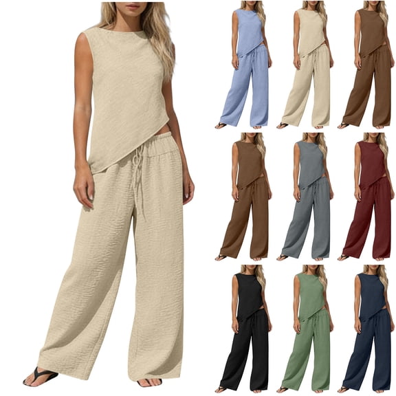 Cotton Linen Outfits for Women Summer Trendy Vacation Clothes 2 Piece Sleeveless Tank Top Wide Leg Pants Set (XL, Khaki)