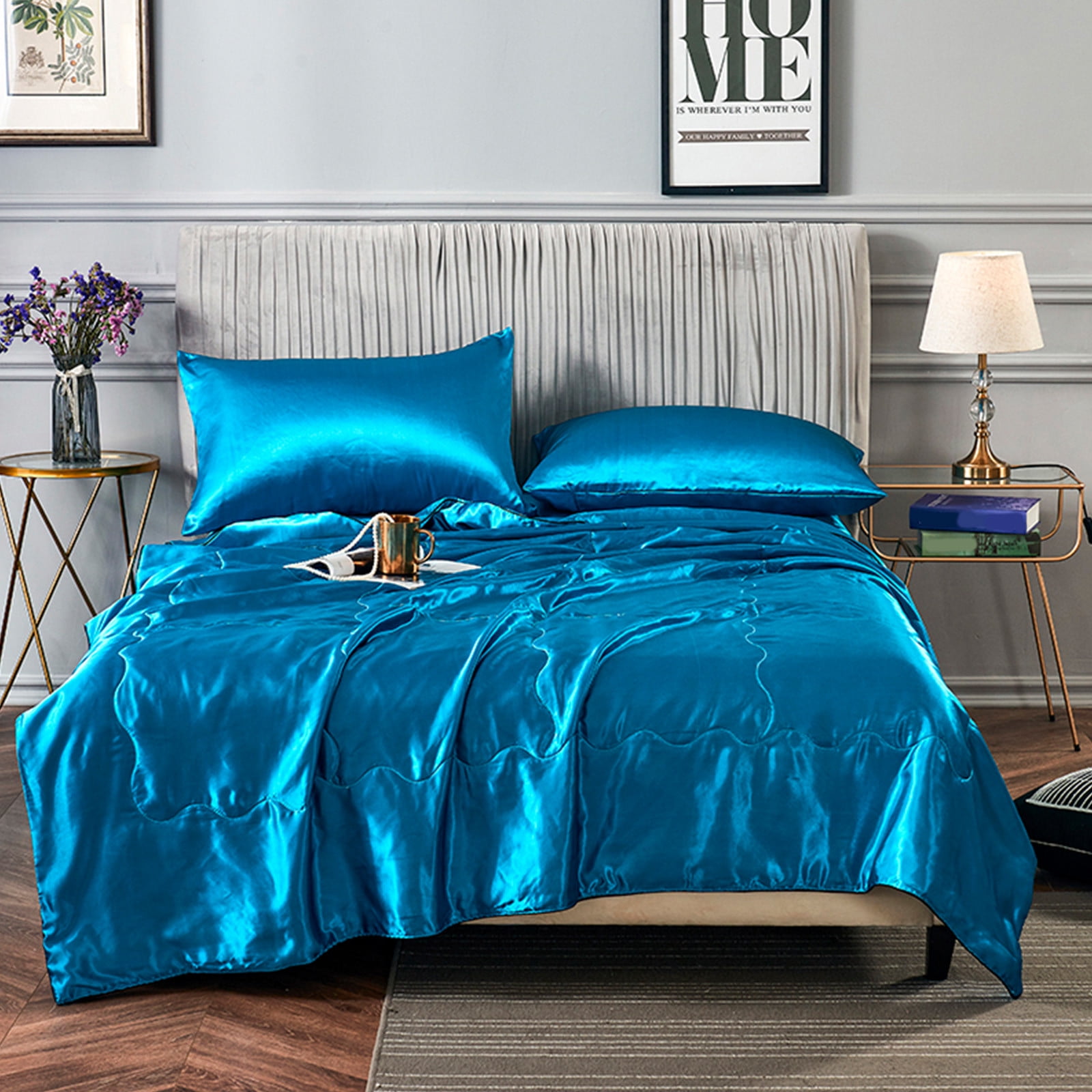 FastXmas Silk Satin Comforter Queen Size, Solid Color Reversible Summer Cooling Blanket, Double Sided Cold Effect, Breathable Lightweight Feather Down Quilted Bedding Machine Washable for All Season