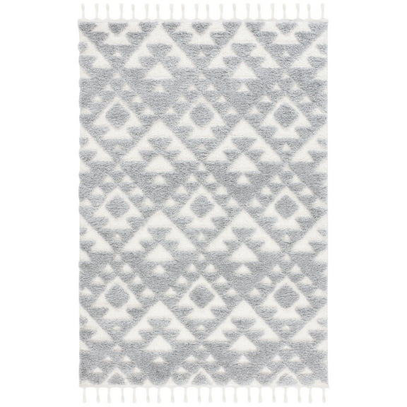 SAFAVIEH Moroccan Tassel Larry Geometric Shag Area Rug, Gray/Ivory, 3' x 5'