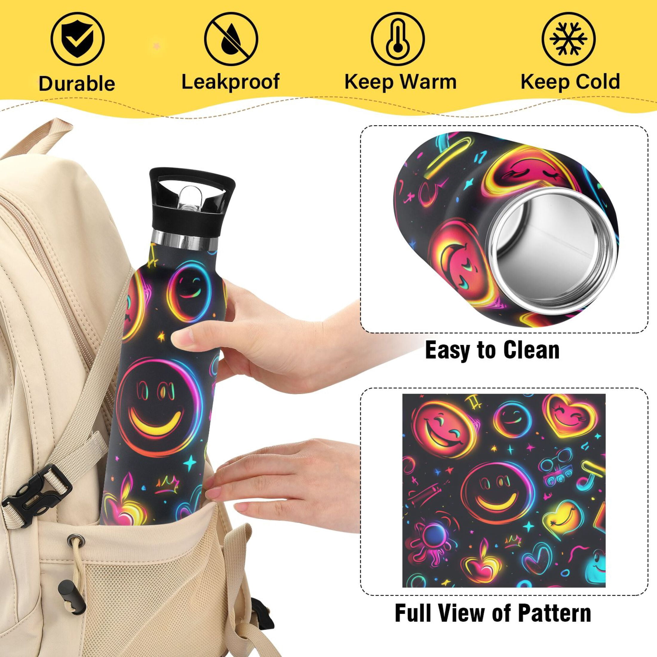 Kids Insulated Stainless Steel Sports Water Bottle 600ml (20oz), BPA-Free Cute Smiling Faces