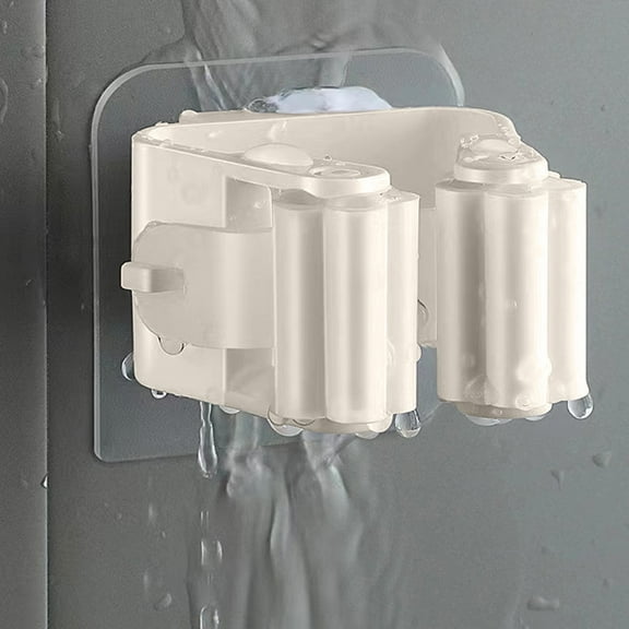 Wall Mounted Mop and Broom Holder, No-Drill Adhesive Rack for Brooms, Rakes, Shovels, Garden Tools, Stainless Steel Hanger, Beige or Gray PVC Organizer