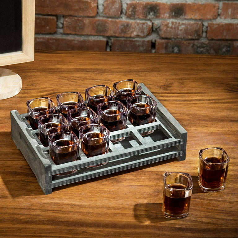 White Decorative Vintage Wood Tray w/ 12 Shot Glass Set, Home Bar