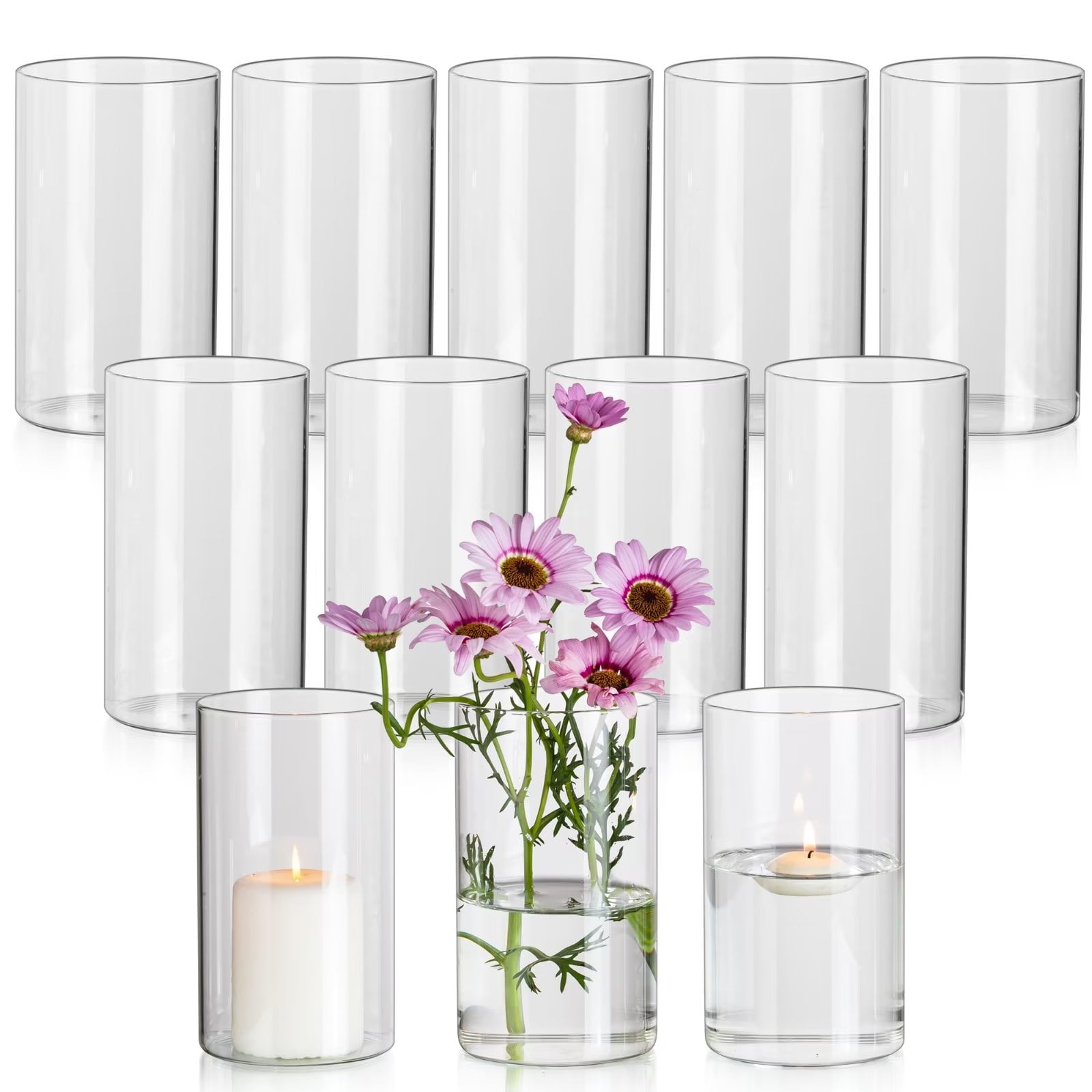 3 Pcs Glass Cylinder Vase Clear Multiple Size Glass 6 Pcs White Floating  Candles 2 Pack Vase Filler Beads Gems Gel Beads 2 Pack Faux Pearl for Home
