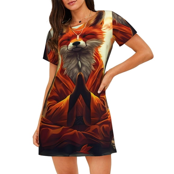 Fuzoiu Maple Leaf Meditating Fox Print Women Nightgowns, Soft Comfy Lightweight Short Sleeves Sleepwear,Crew Neck Loungewear