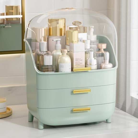 3-Tier Skincare Makeup Organizer with Drawers and Lid for Vanity and Bathroom Countertop, Large Cosmetic Storage Box Case for Dresser, with Non-Slip Base, Green