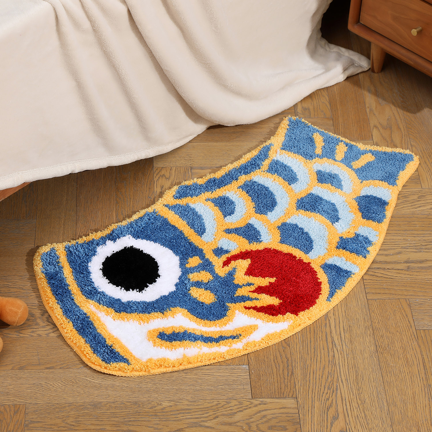 Feblilac Cute Fish Bath Mat For Bathroom, Japanese Koi Flag Soft Water Absorbent, Non-Slip, Machine Washable (Blue)