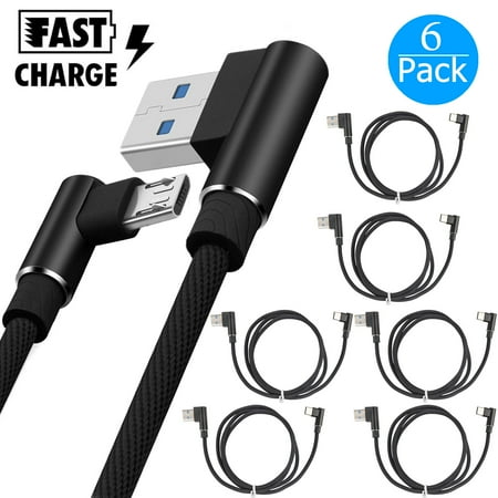 90 Degree Cable 6-pack Right Angle Micro USB Cable, 90 Degree Android Charger Cable, USB to Micro Cable Braided Charger Cords and Data Sync for Samsung/LG/Motorola/Android Smartphones/MP3 ()