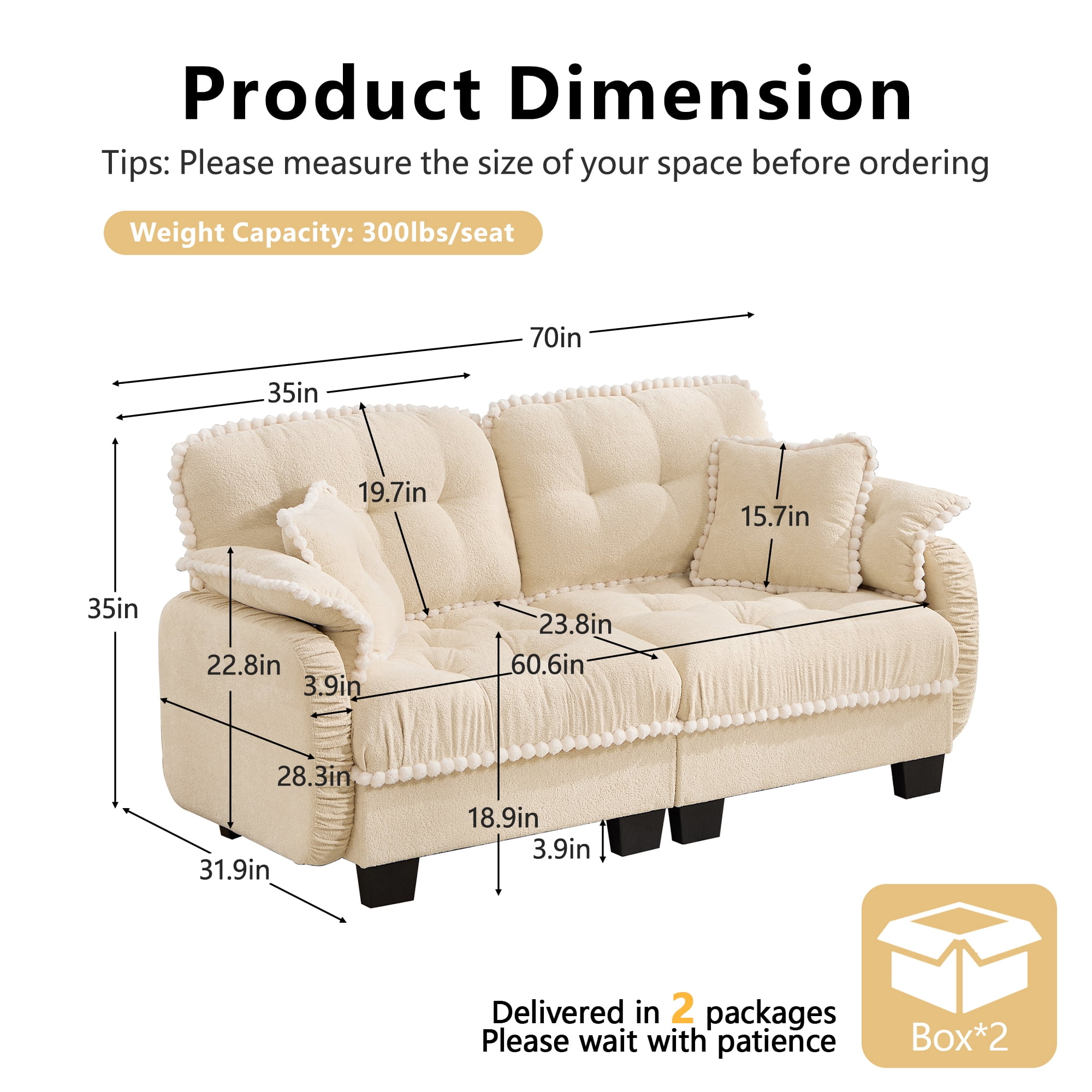Anpport 70" Chenille Cloud Loveseat with 4 Pillows, Pom‑Pom Trim, Quilted Tufted Ergonomic, Easy Assembly Deep Seat for Living Room Apartment, Cream