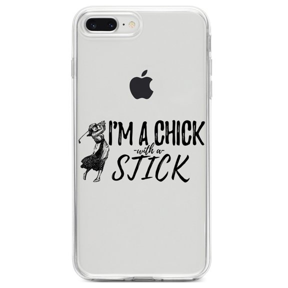 DistinctInk Clear Shockproof Hybrid Case for iPhone 7 PLUS / 8 PLUS (5.5" Screen) TPU Bumper Acrylic Back Tempered Glass Screen Protector - I'm a Chick with a Stick Golf