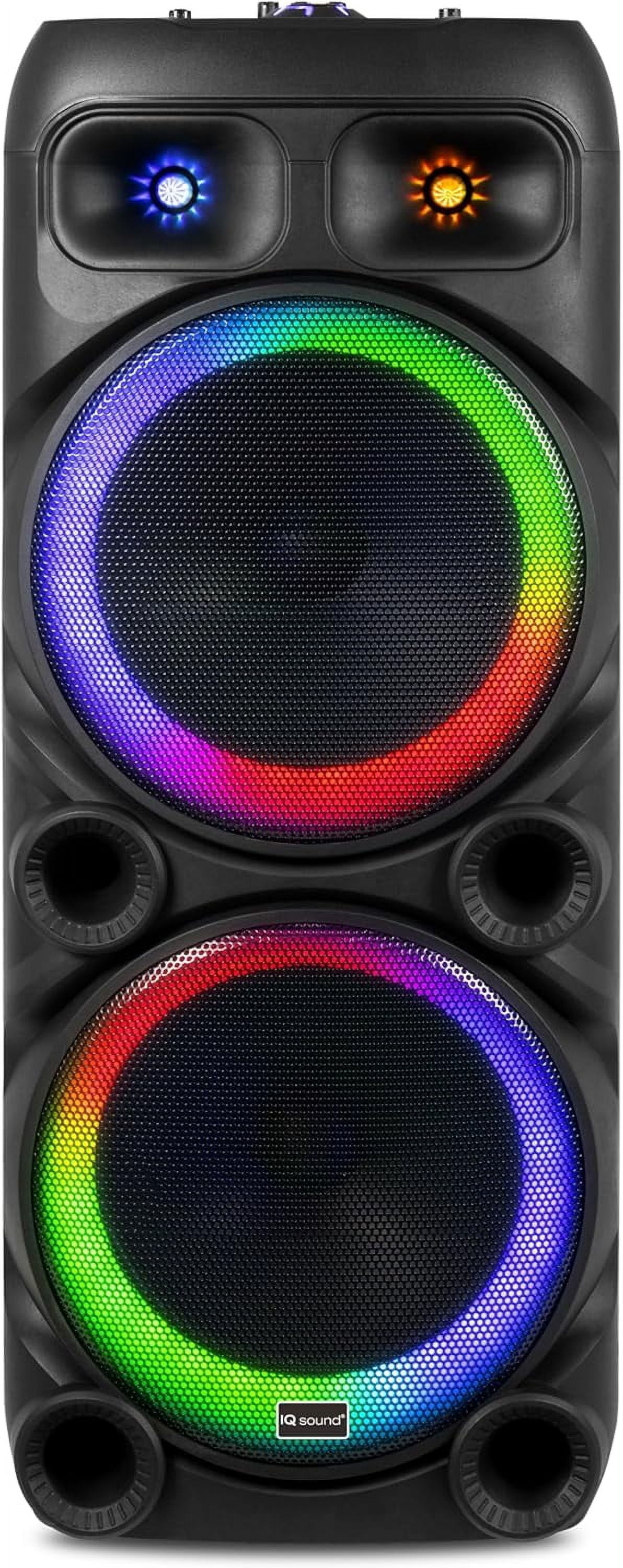 IQ Sound IQ-6512DJBT 2 X 12-inch Portable Bluetooth Speaker, w/TWS, LED Lights, 2 Wireless Mics, Guitar & Mic Inputs, US