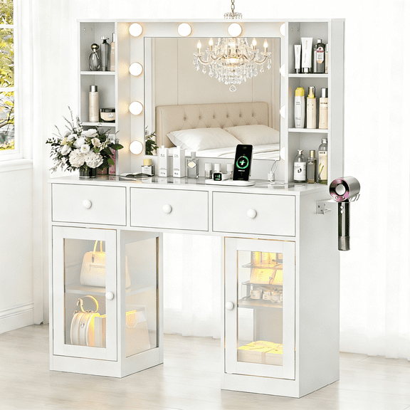 Zimtown Makeup Vanity with 3 Colors Light Mirror, Glass Top Vanity Desk with Two Glass-Door Storage Cabinets & Charging Station, White
