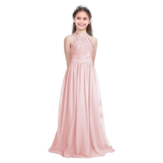 zdhoor Robe Longue en Mousseline et Dentelle à Fleurs pour Filles Enfants Mariage Concours Demoiselle d'Honneur Formelle Fête Soirée Rose Perle 6